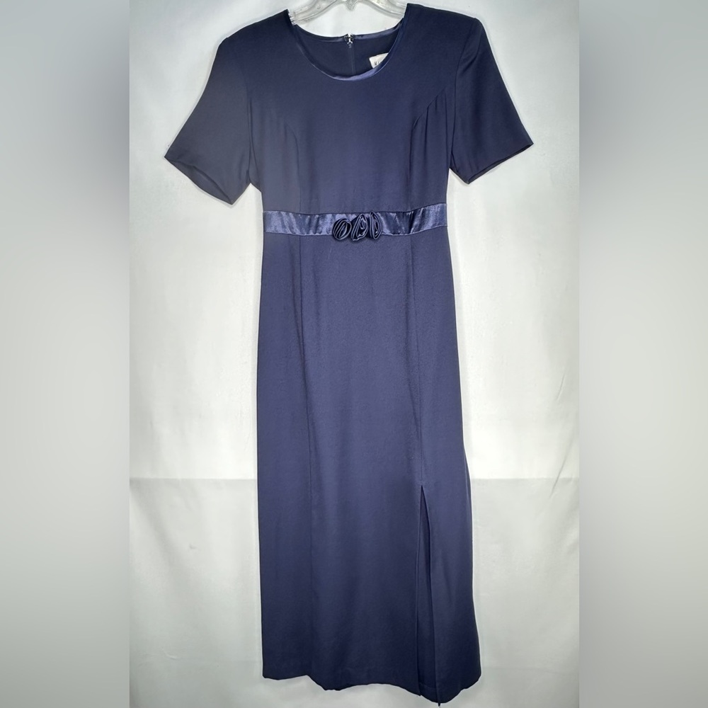 Vintage Miss‎ Dorby Navy Blue Midi Dress Empire Waist Front Slit Roses Sz 10